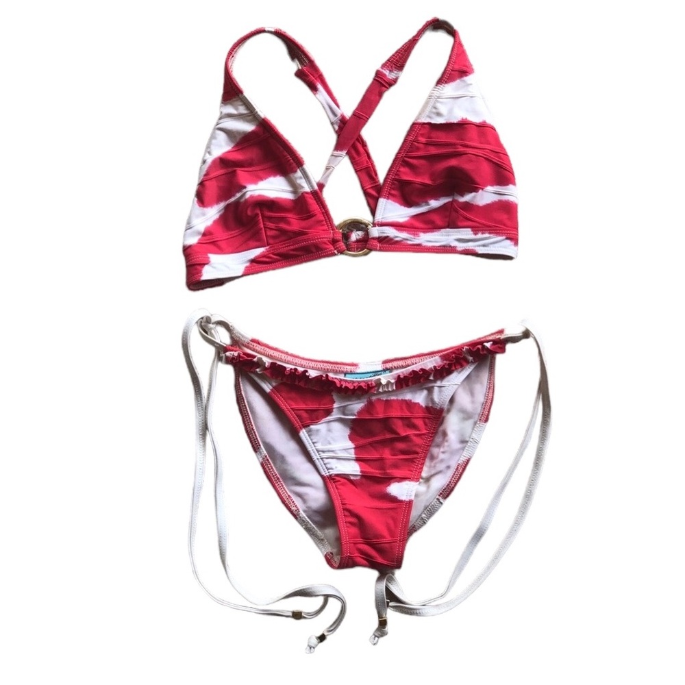 COPY - Le Tarte Red and White Tie Dye Bikini Top Center Ring Tie side Bikini Bo…